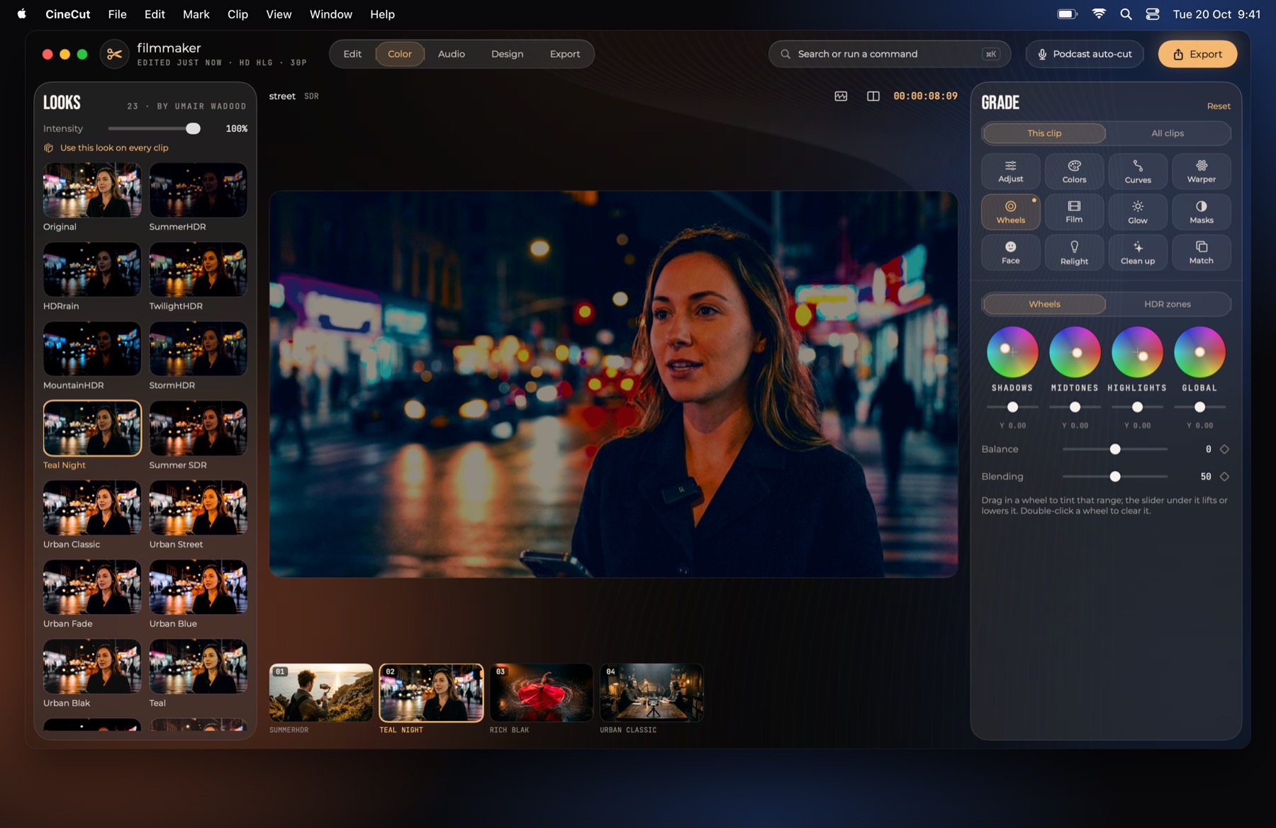 CineCut for Mac: the Color workspace with looks, colour wheels and a graded night-street shot