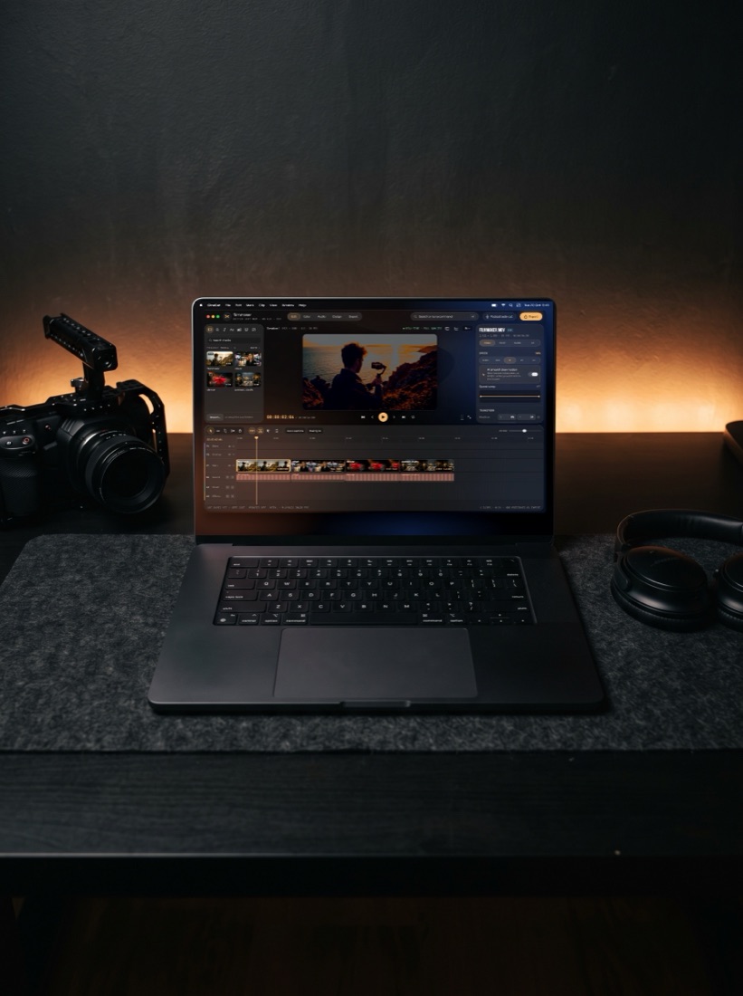 A MacBook on a desk showing the CineCut editing timeline