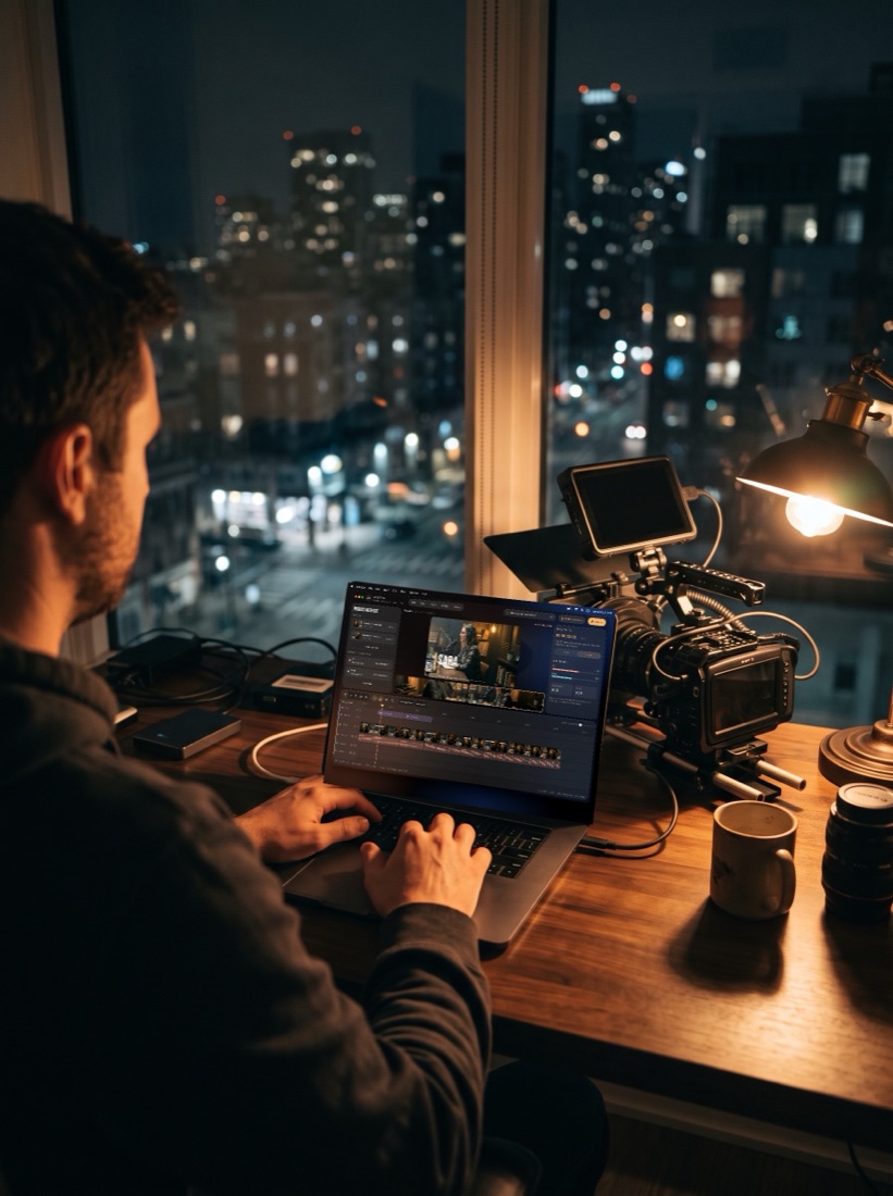 An editor at night cutting a podcast in CineCut on a MacBook