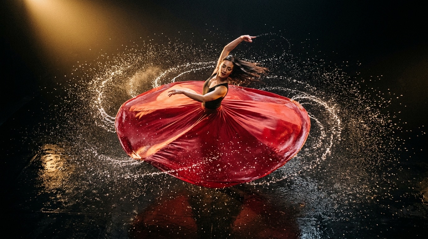 A dancer's red skirt frozen mid-spin