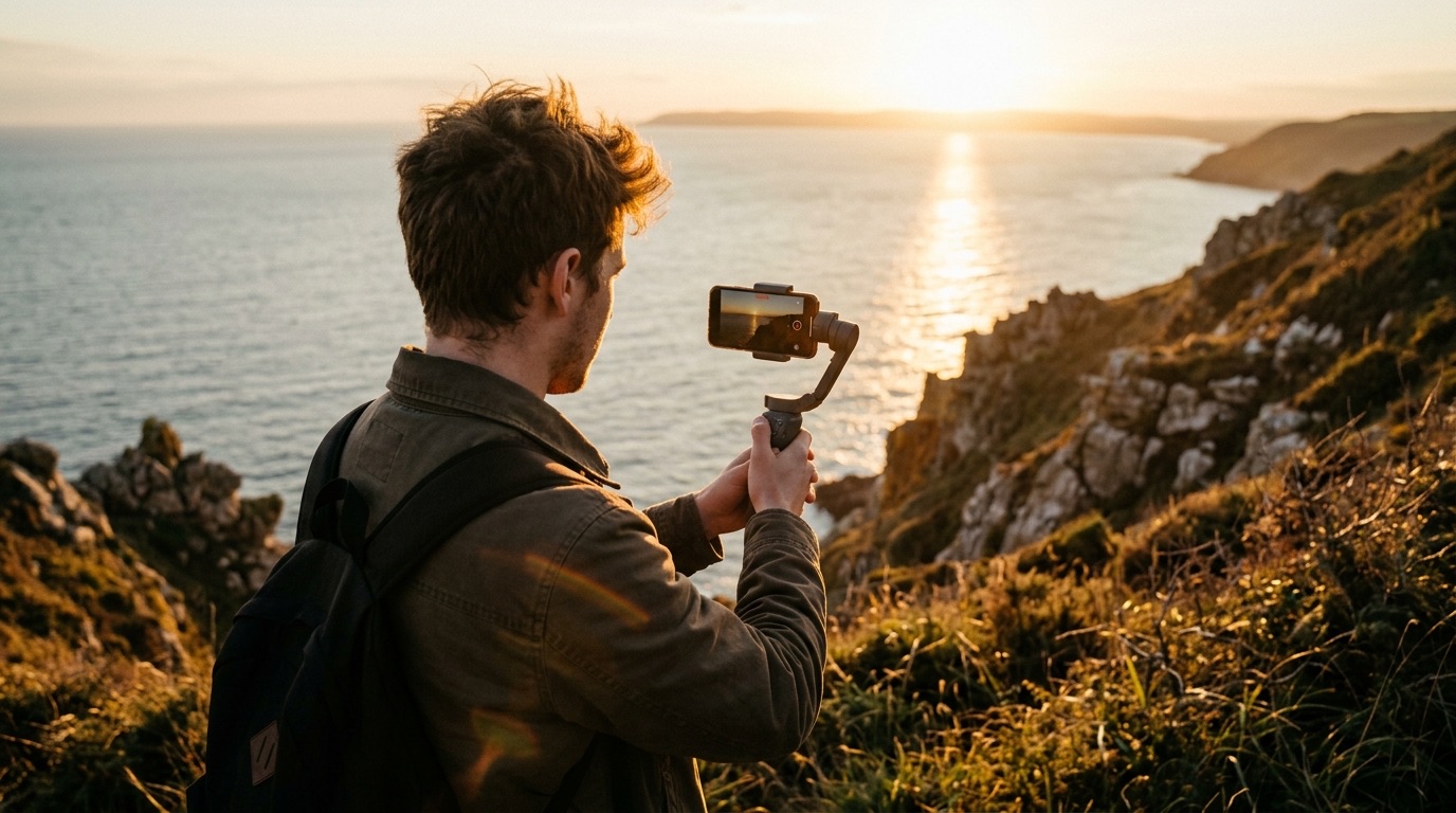 A filmmaker filming the sea at golden hour with a phone on a gimbal
