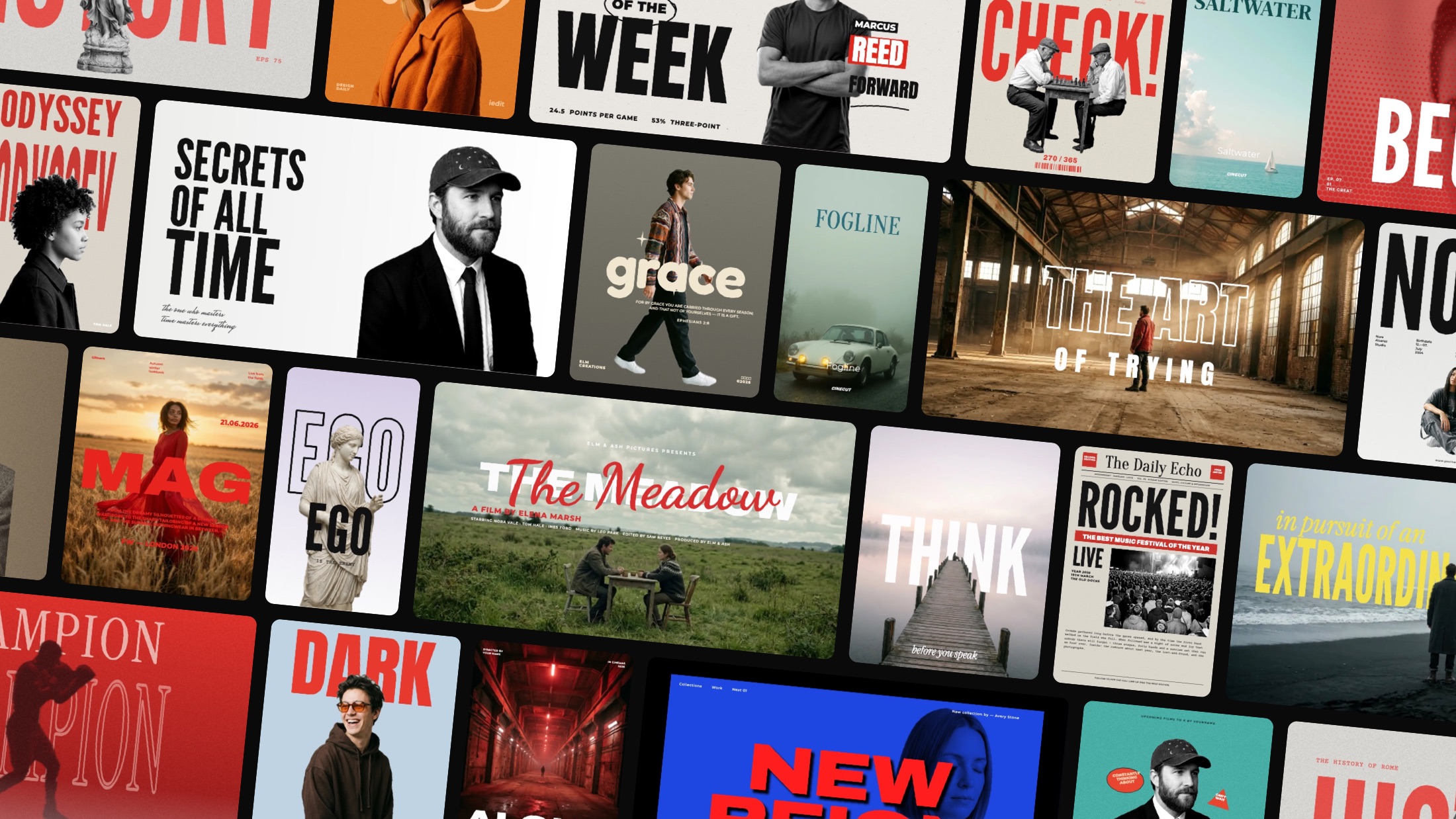 A wall of CineCut design templates: thumbnails, posts and posters