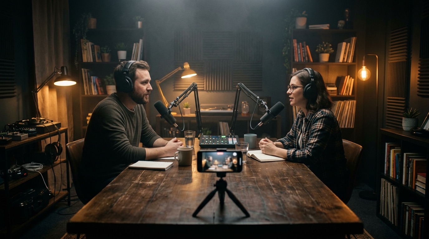 Two podcast hosts at a table with microphones