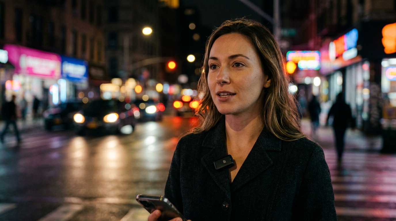 A creator recording a voice-over on a busy street at night