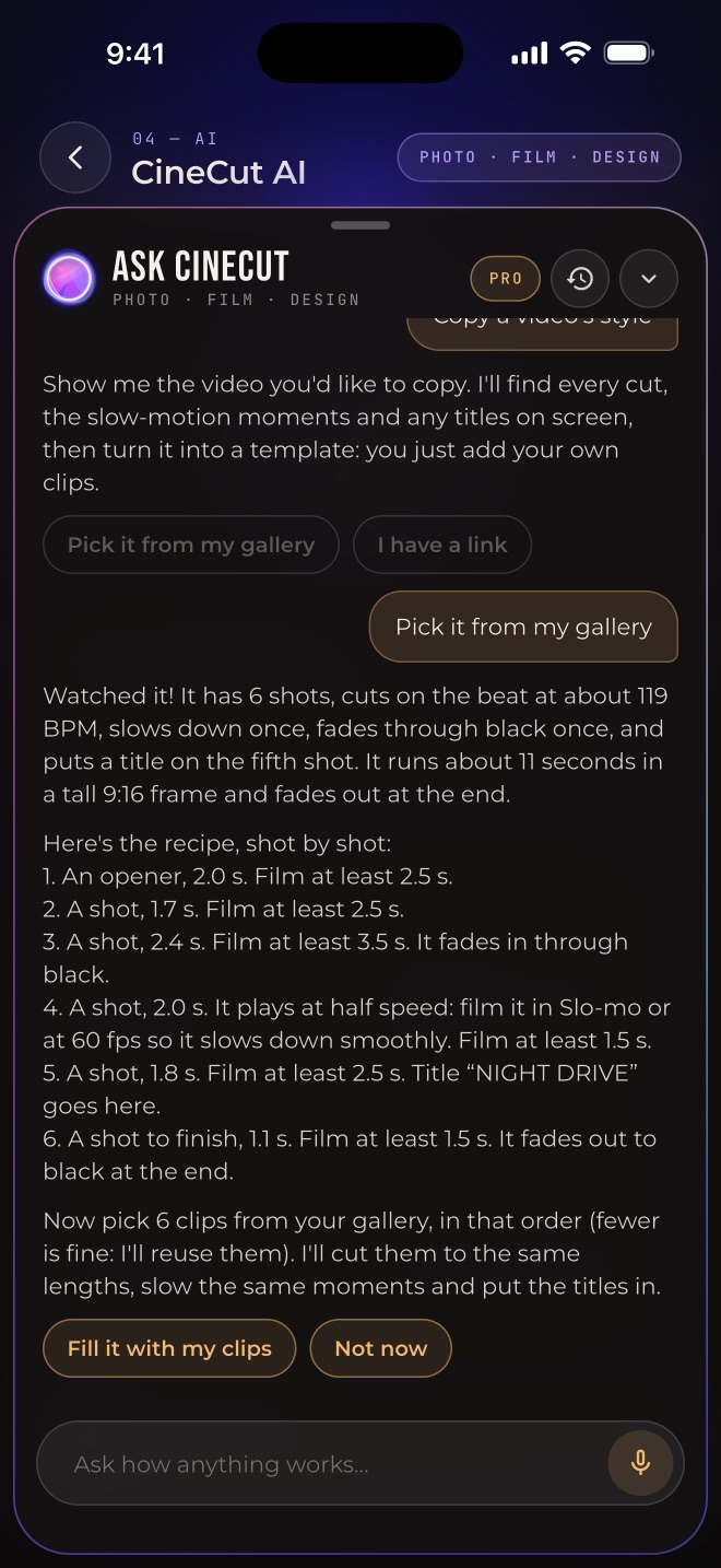 CineCut AI breaking a video down: shots, beat, slow motion, title