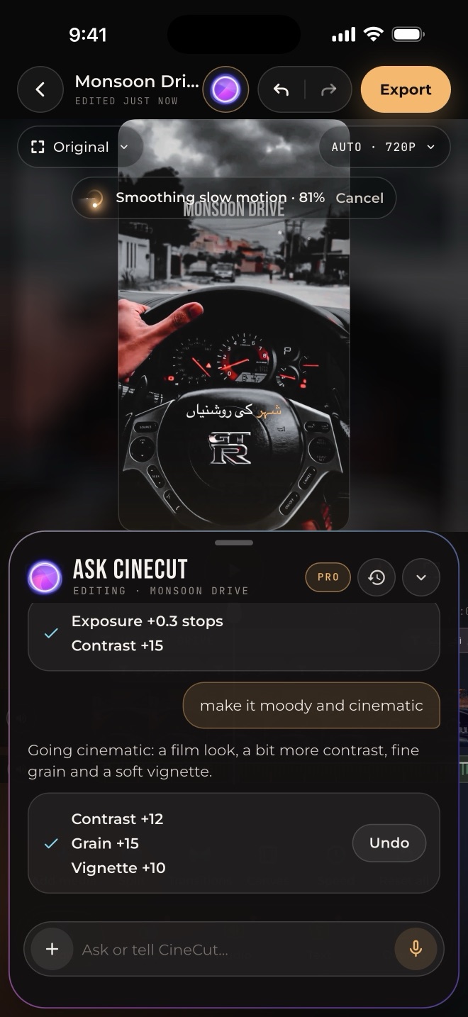 Ask CineCut: make it moody and cinematic, with the changes and Undo