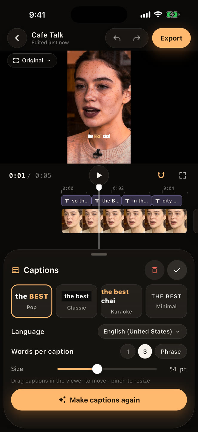 Auto captions with styles and size