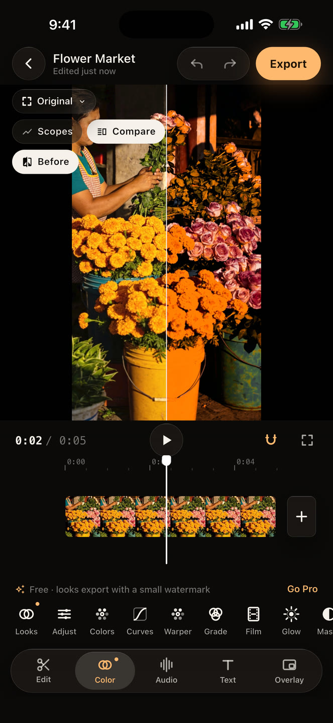 Split-screen Compare against the ungraded clip