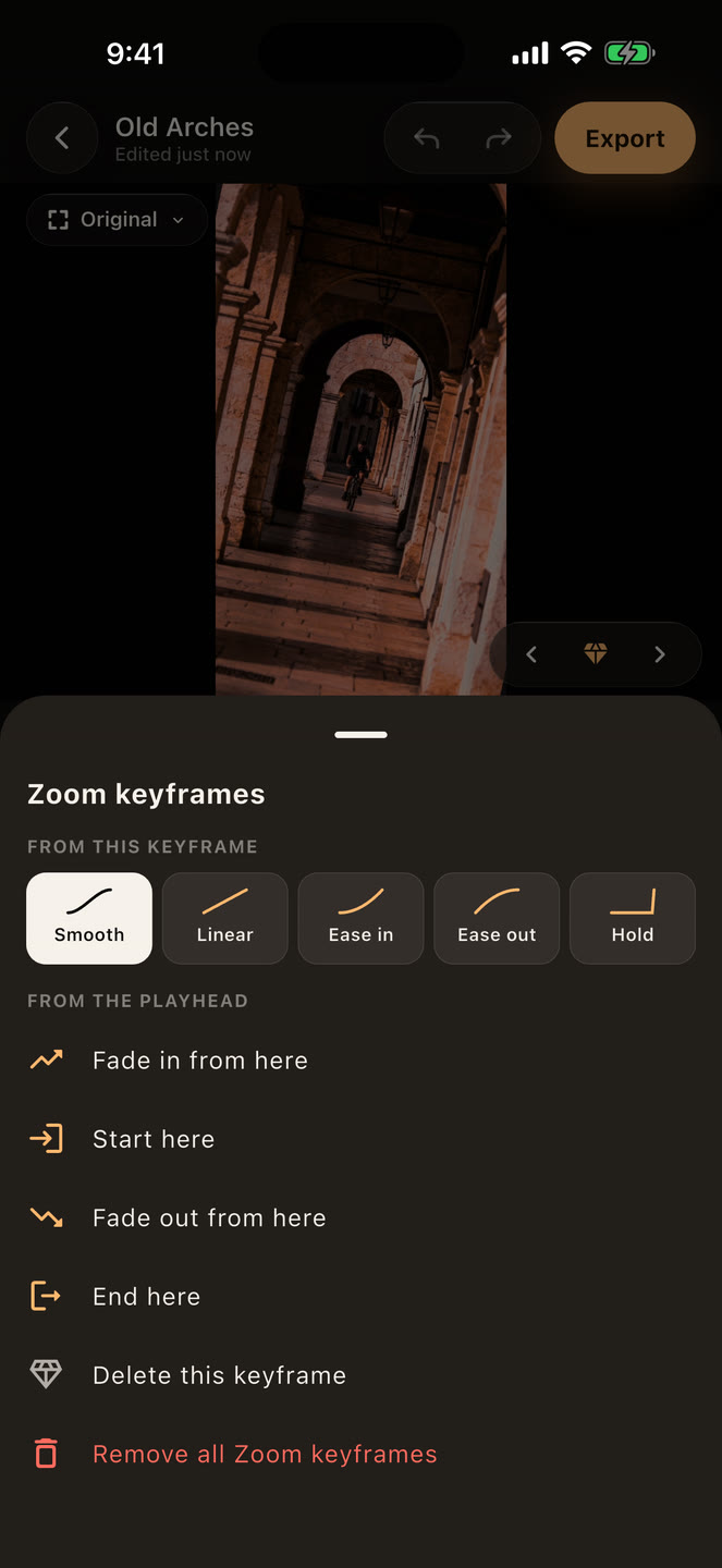 The keyframe menu: interpolation and fade options