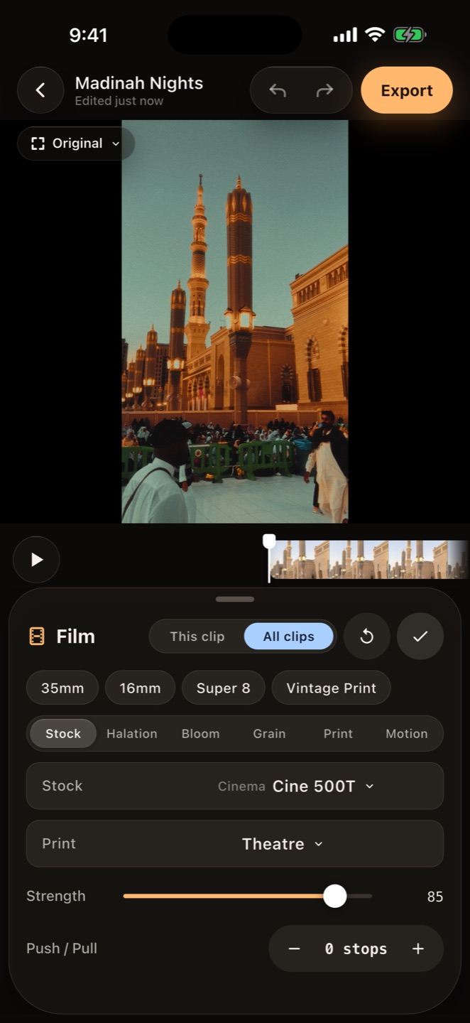Film stock emulation controls in CineCut