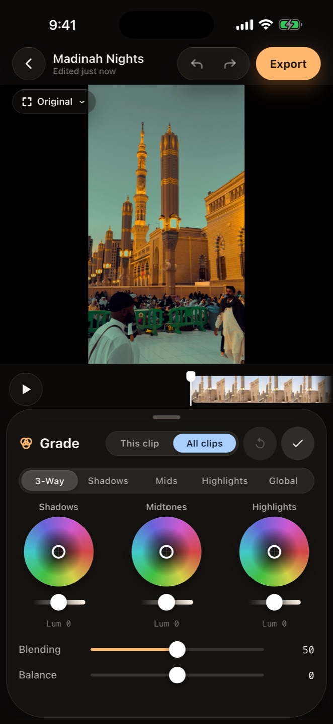 Three-way colour grade wheels in CineCut