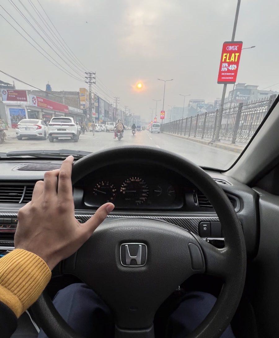 A hazy city drive, as shot